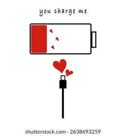 Battery love icon. Charging heart symbol. Vector power emblem. Red white design.