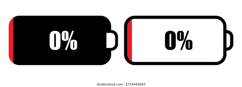 Symbole für niedrigen Ladestand des Akkus. 0 % Akku. Vektorgrafik.