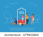 Battery low concept vector illustration of young people using smartphones and tablets with poor battery level. Flat people standing and sitting near big red battery symbol
