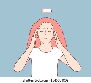 Battery low concept vector. Young woman. Hand drawn vector illustration.