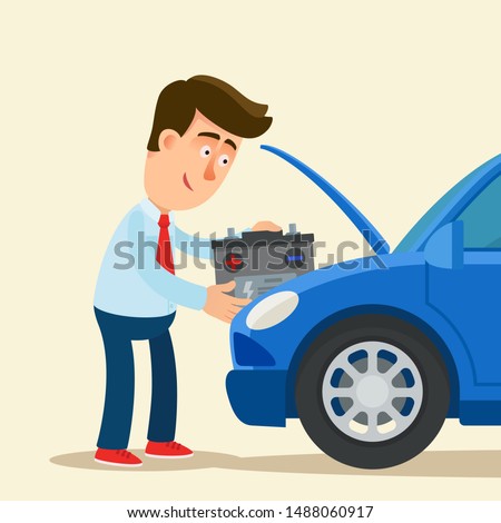 Car’s battery is low. Driver replacing car battery. Vector illustration flat design, cartoon style. Isolated background.