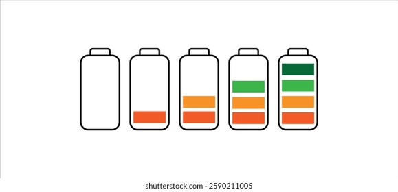 Battery low, battery full, energy, battery charge icon set vector illustration