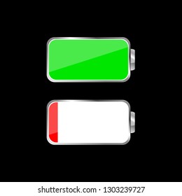 Battery low, battery full icon, energy symbol, battery charge. Color symbol set. Mobile black smart phone icon gadget. White color.