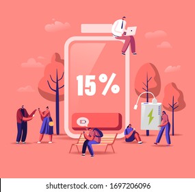 Battery Low Level Concept. Male and Female Characters Charge Devices, Mobile Phones and Gadgets. People Using Smartphones and Laptops Stand and Sit Near Big Accumulator. Cartoon Vector Illustration