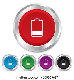 Battery low level sign icon. Electricity symbol. Round metallic buttons. Vector