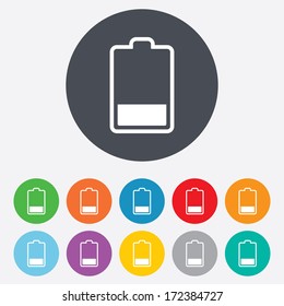 Battery low level sign icon. Electricity symbol. Round colourful 11 buttons. Vector