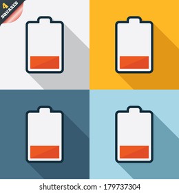 Battery low level sign icon. Electricity symbol. Four squares. Colored Flat design buttons. Vector