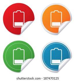 Battery low level sign icon. Electricity symbol. Round stickers. Circle labels with shadows. Curved corner. Vector