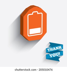 Battery low level sign icon. Electricity symbol. White icon on orange 3D piece of wall. Carved in stone with long flat shadow. Vector