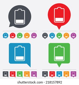 Battery low level sign icon. Electricity symbol. Speech bubbles information icons. 24 colored buttons. Vector