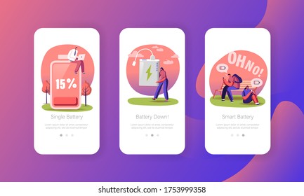 Battery Low Level Wireless Charging Mobile App Page Onboard Screen Template. Tiny Characters Charge Devices, Mobile Phones and Gadgets. People Near Big Battery Concept. Cartoon Vector Illustration
