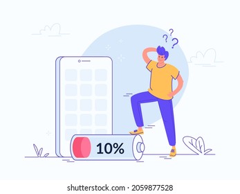 Battery Low Notification On Mobile Smartphone. Flat Vector Illustration Of Upset Man Standing Near 10 Persent Battery And Needs A Powerbank For Recharging His Smartphone. Low Battery Problem Solving