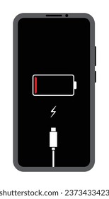 Battery low symbol interface for smartphones. Smartphone with a low battery icon on the screen and the battery charge cable is connected. Low battery warning on mobile phone. Need to connect charger.