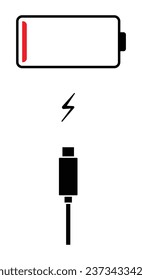 Battery low symbol interface for smartphones. Low battery icon with lightning bolt and charging cable. Low battery warning on mobile phone. Need to connect charger to smartphone icon.