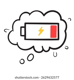 Bateria Baixa em Bolha de Pensamento Mão desenhada Doodle Estilo