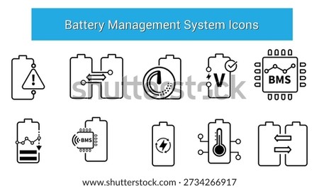Battery Management System Icons: A comprehensive set of illustrative icons related to battery management systems, featuring visual representations of key concepts such as malfunctions, battery life, charging cycles, temperature sensors, Optimal Charging Cycles, Voltage Sensors