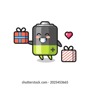 battery mascot cartoon giving the gift , cute style design for t shirt, sticker, logo element