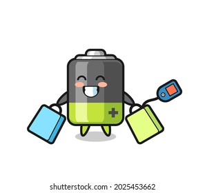 battery mascot cartoon holding a shopping bag , cute style design for t shirt, sticker, logo element