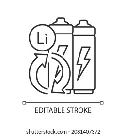 Battery metals recovery linear icon. Prevent lithium spent. Reuse resources form accumulators. Thin line customizable illustration. Contour symbol. Vector isolated outline drawing. Editable stroke