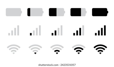 Batería, señal de red móvil e icono Wi-Fi conjunto en estilo paisajístico moderno para el diseño de la interfaz de usuario. Símbolo de barra de estado moderno, simple, vector, icono para el diseño de sitios web, aplicación móvil, Ui. Vector