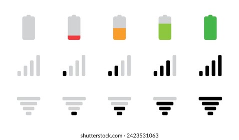 Battery, Mobile network signal and Wi-Fi icon set in vertical colorful modern style for user interface design. Status bar symbol modern, simple, vector, icon for website design, mobile app, Ui. Vector