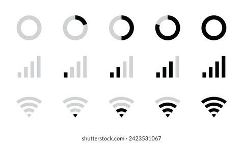 Battery, Mobile network signal and Wi-Fi icon set with circle battery modern style for user interface design. Status bar symbol modern, simple, vector, icon for website design, mobile app, Ui. Vector