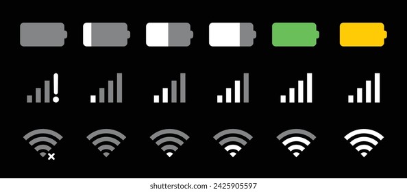 Batterie, Mobiles Netzwerksignal und Wi-Fi-Symbol im dunklen Modus mit Landschaftsbatterie modern bunt eingestellt. Statusleiste Symbol modern, einfach, Vektor, Symbol für Website-Design, mobile App, UI. Vektor