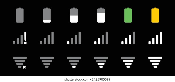 Battery, Mobile network signal and Wi-Fi icon set in dark mode with vertical battery modern colorful. Status bar symbol modern, simple, vector, icon for website design, mobile app, Ui. Vector