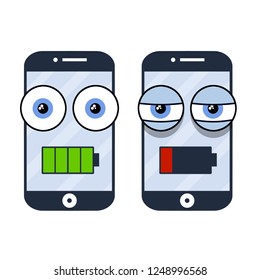 Battery of mobile phone. Accumulator set - green full and red empty. Smartphone with sad and cheerful emotion on face of the screen. Sleepy gadget. Comic drawing.  Cartoon flat illustration