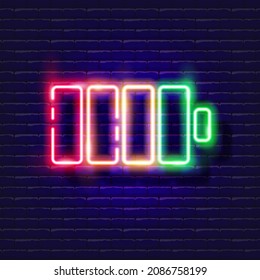Battery neon icon. Charge level glowing sign. Photo and video concept. Vector illustration for design, website, decoration, online store.