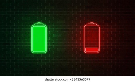 Battery neon sign. Charger glowing icon. Full battery and low battery. Vector illustration