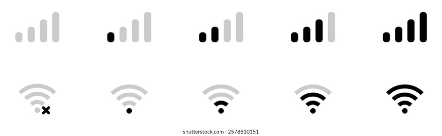 Battery, network and wi-fi icon set. Set wi-fi icon isolated on white background. Phone bar status Icons for ui. vector icons for app and website. vector illustration.