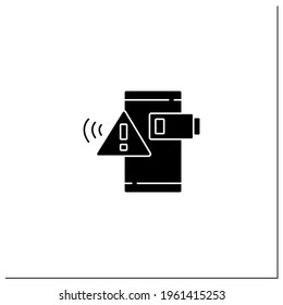 Battery notification glyph icon. Battery charge ends. Exclamation pointer. Discharge. Warnings concept.Filled flat sign. Isolated silhouette vector illustration