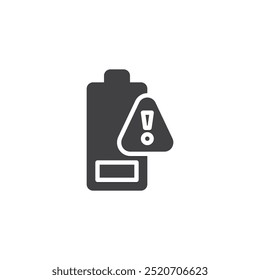 Battery with a notification symbol vector icon. filled flat sign for mobile concept and web design. Battery Alert glyph icon. Low battery or power warning symbol, logo illustration. Vector graphics