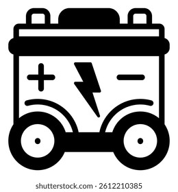 Battery on wheels solid icon, Energy rechargeable concept. Vector graphics. Batterry container sign on white background, style mobile or design