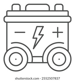 Icono de línea delgada de la batería en las ruedas, concepto recargable de energía. Gráficos de Vector. Signo del envase de la batería en el fondo blanco, icono del estilo del contorno para el móvil o el Diseño web