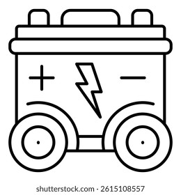 Battery on wheels thin line icon, Energy rechargeable concept. Vector graphics. Batterry container sign on white background, linear style mobile or design