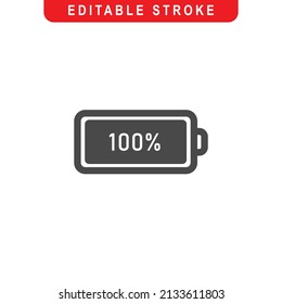 Battery Outline Icon. Full Battery Line Art Logo. Vector Illustration. Isolated on White Background. Editable Stroke