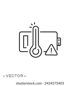 battery overheating icon, attention high accumulator temperature, thin line symbol isolated on white background, editable stroke eps 10 vector illustration