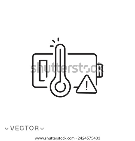 battery overheating icon, attention high accumulator temperature, thin line symbol isolated on white background, editable stroke eps 10 vector illustration
