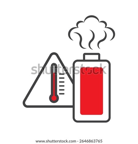 battery overheating icon, attention high accumulator temperature, thin line symbol on white background.