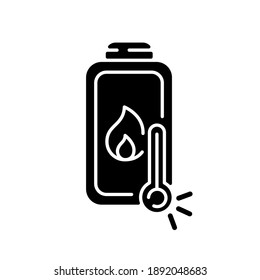Battery overheating problem black glyph icon. Dealing with dangerous device issues. Creating bad charging cables. High heat. Silhouette symbol on white space. Vector isolated illustration