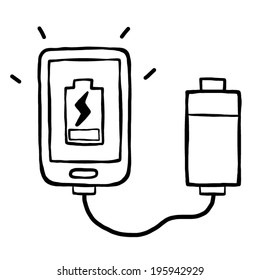 Battery Pack And Smart Phone / Cartoon Vector And Illustration, Black And White, Hand Drawn, Sketch Style, Isolated On White Background.