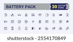 Battery Pack thin line icon set. Includes thin line up, accumulator, empty, eco, lightning, device, full, electricity. Flat UI icon design. Solid line editable stroke. Vector line and solid icons.