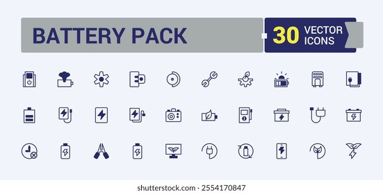 Battery Pack thin line icon set. Includes thin line up, accumulator, empty, eco, lightning, device, full, electricity. Flat UI icon design. Solid line editable stroke. Vector line and solid icons.