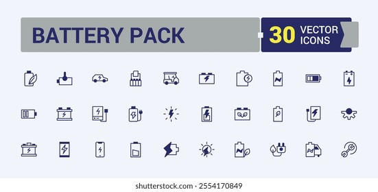 Battery Pack thin line icon set. Includes thin line up, accumulator, empty, eco, lightning, device, full, electricity. Flat UI icon design. Solid line editable stroke. Vector line and solid icons.