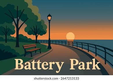 Battery Park offers stunning sunset views of the harbor, with the tranquil waters reflecting the evening sky and the iconic Statue of Liberty standing proud in the distance