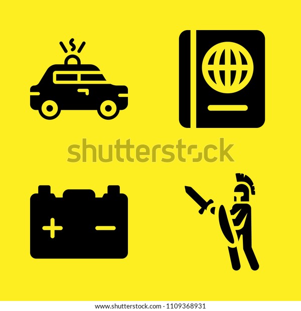 battery, passport, police car
and warrior vector icon set. Sample icons set for web and graphic
design