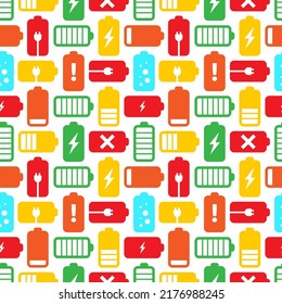 Battery Pattern. Power Charge Texture With Plus And Minus Accumulator. Electric Power Indicator. Decor Textile, Wrapping Paper, Wallpaper Design. Print Or Fabric Vector Seamless Background