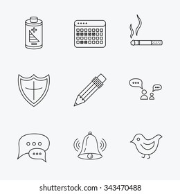 Battery, pencil and protection shield icons. Dialog chat, bell rings and vacation calendar linear signs. Bird, smoking allowed icons. Linear black icons on white background.